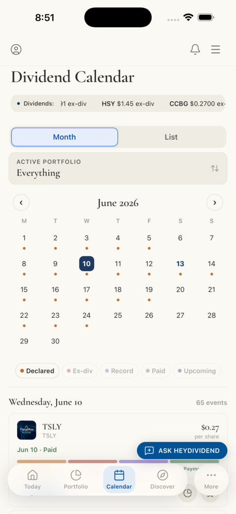 Dividend calendar screen